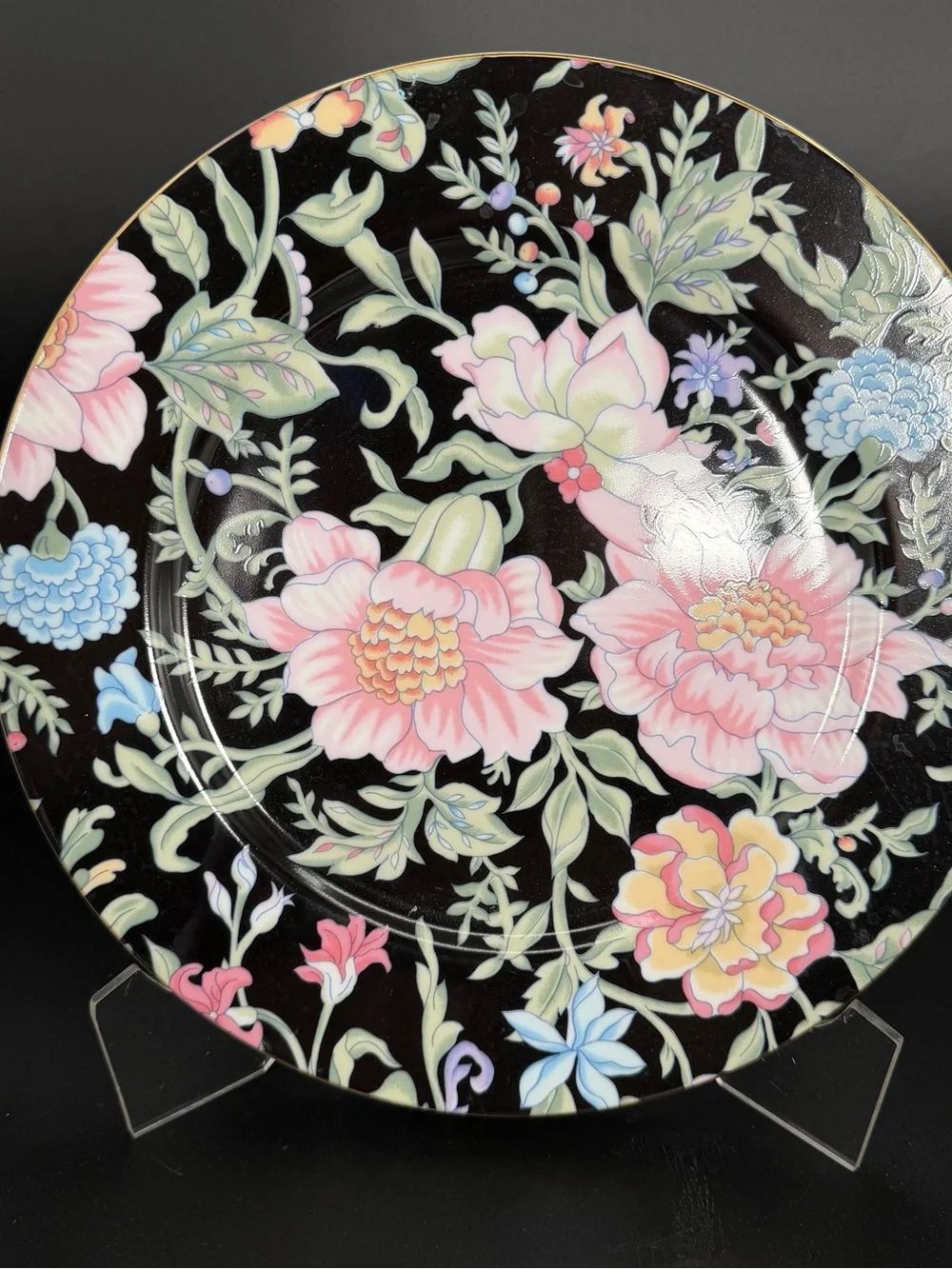 Bloomingdale’s Garden Pleasures Dinner Plates 10.25” Floral Black Gold Set of 4